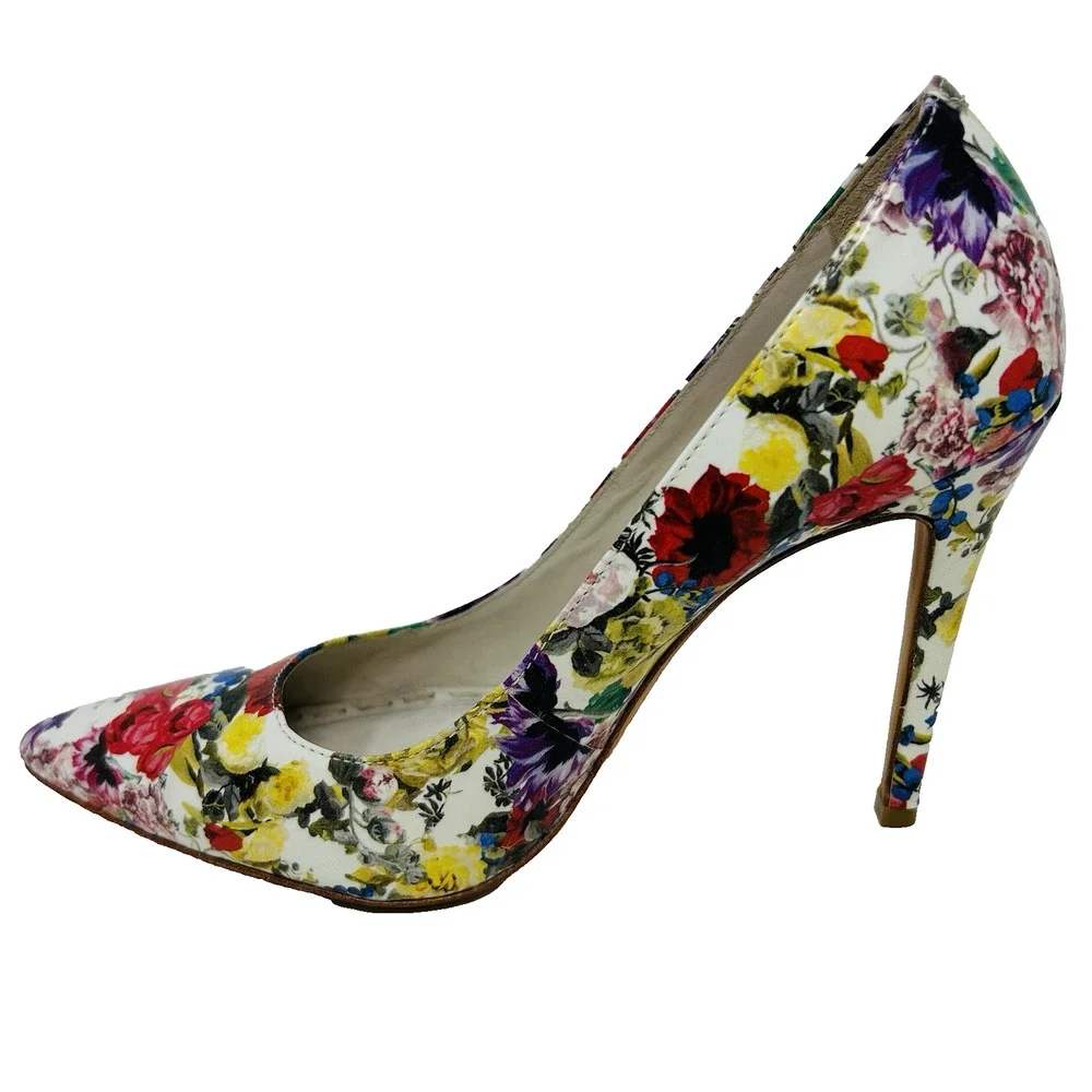 Alice + Olivia Floral Pumps‎ Patent Leather Pointy Toe Stiletto Heels 38.5